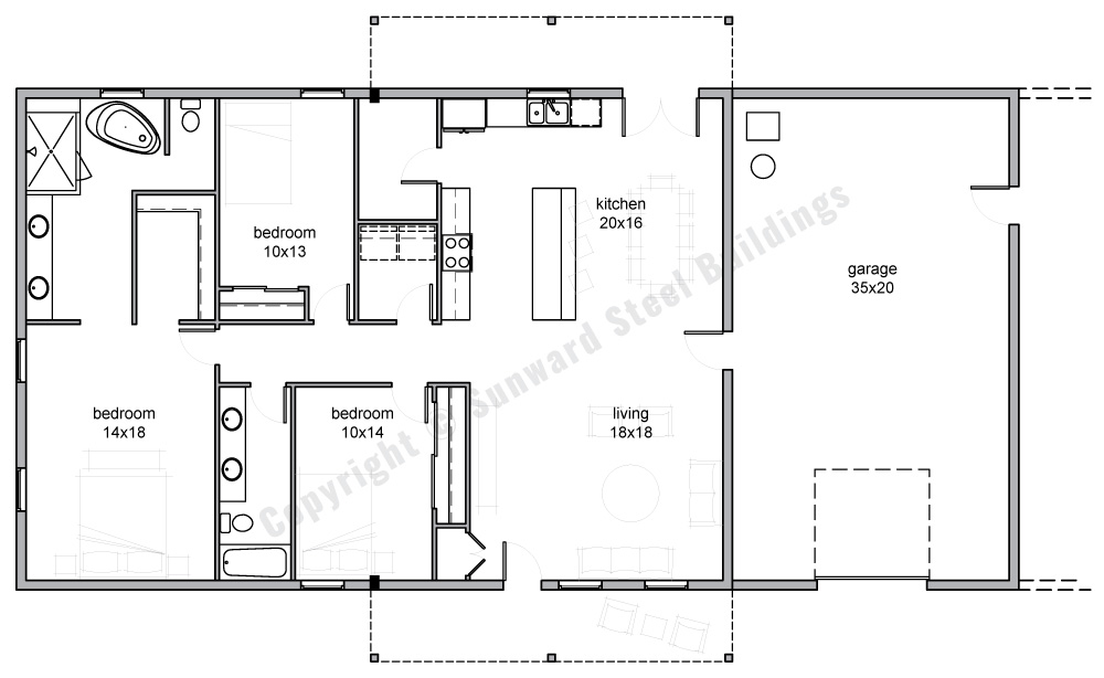 35X70 House Plan Barndominium Floor Plans 1 2 or 3 Bedroom Barn Home Plans 