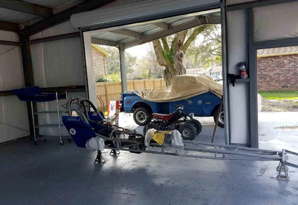 A coastal steel garage and hobby shop